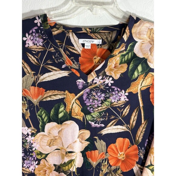 Chicos Black Fall Floral Cotton 3/4 Sleeve V-Neck Stretch Sz 1 Womens Medium - Picture 3 of 9